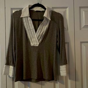 Mixed media top, soft grey with white linen color and cuffs